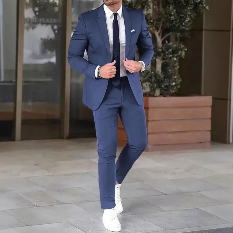 Men Two Piece Suit Sets Straight Pants Slim Fit Turn Down Collar One Button Full Sleeve Blazers Ensemble Wedding Evening Formal