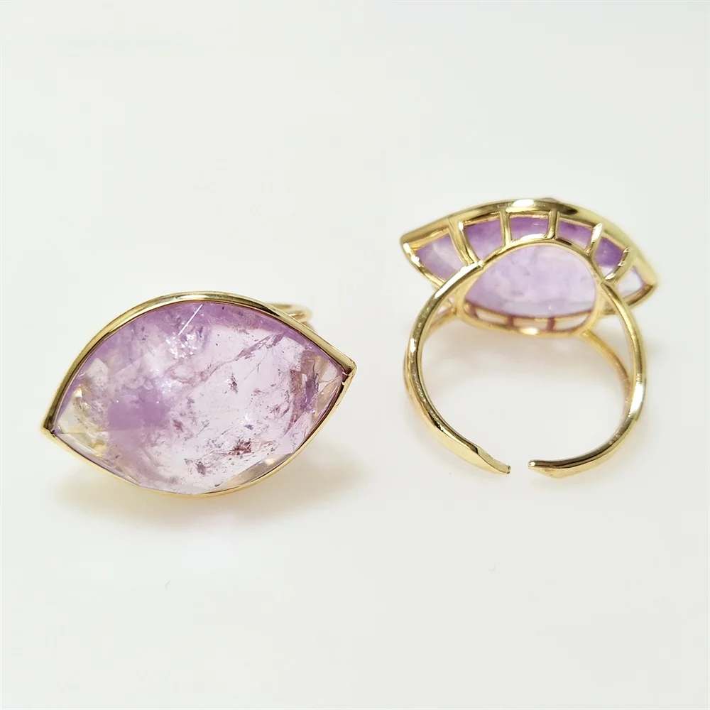 1Pcs Natural Amethyst Eye Shaped Ring,Goden Plated Crystal Semi Precious Stone Adjustable Size,For Valentine's Day Gifts RG097