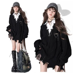 Gothic V-neck Oversized Sweater Black Zipper Cardigan Knit Harajuku Vintage Streetwear Hollow Out Tops Y2k Clothes Long Sleeve