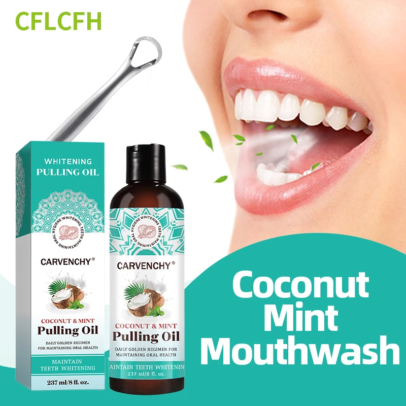 

Mouthwash Coconut&Mint Pulling Oil Teeth Whitening Fresh Breath Oral Cleaning Health Care Mouth Wash Tongue Scraper Set 237Ml