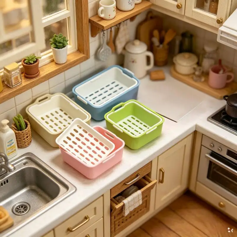 1 Set 1:12 Scale Dollhouse Sink Organizer With Removable Tray Miniature Kitchen Drain Basket For Mini Kitchen Decor-TOY