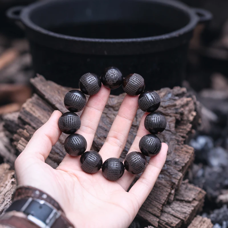 Echte natürliche schwarze Holzperlen aus tibetischem Ebenholz, 20 mm mm, Gebetsmühle, Armband für Herren, klassisch – Detail 1