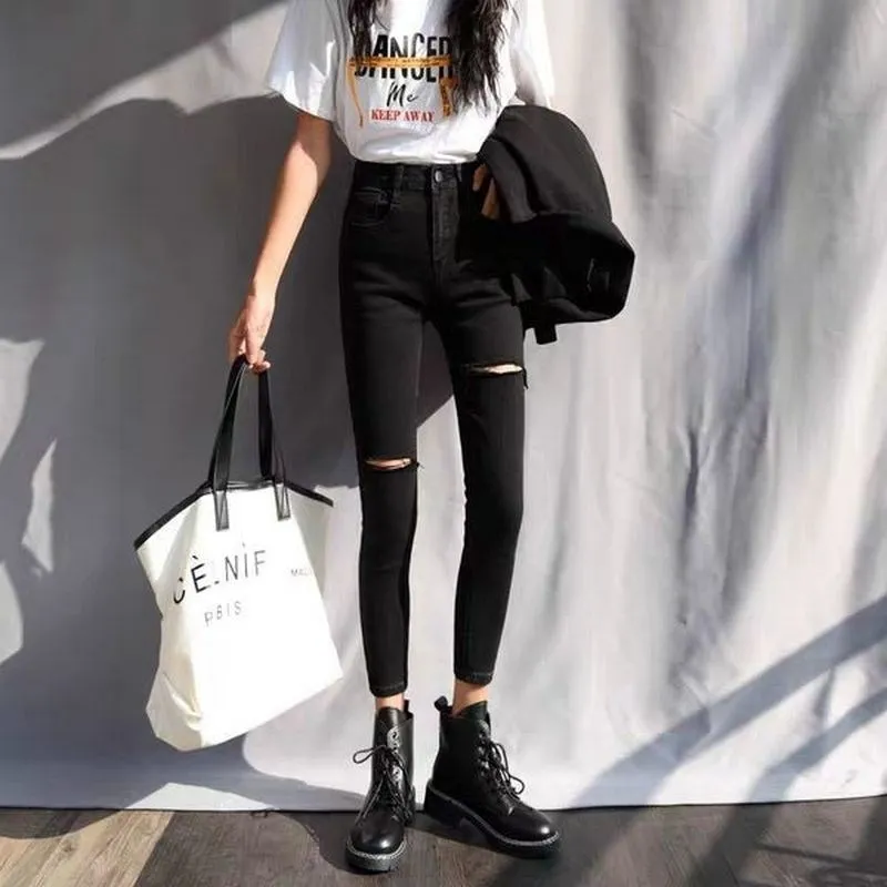 Bla Elastic Slim Fit Jeans Women's High Waist Trendy Spring New Sle Cotton Stretch Denim Pants Korean Version Tight Fit