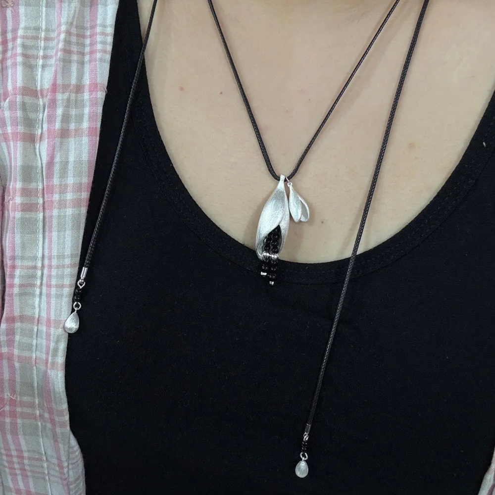 Wind Chime Pendant Necklace Copper Silver Plated Black Agate Beads Adjustable Nylon Rope Chain Minimalist Unisex Jewelry
