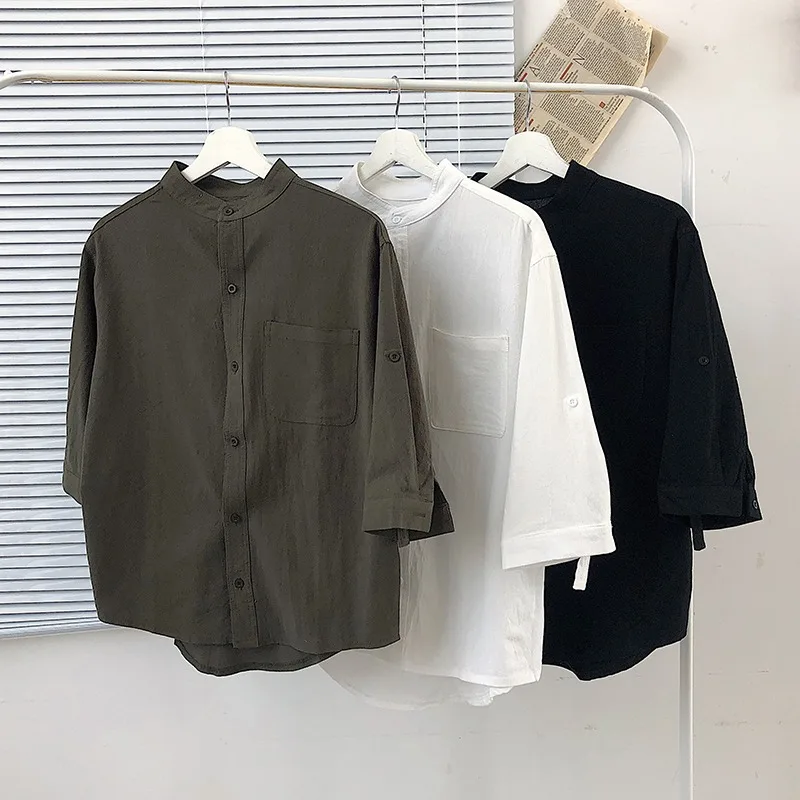 Men's Korean Trend Seven-Sleeve Stand-Up Collar Cotton And Linen Casual Versatile Shirt