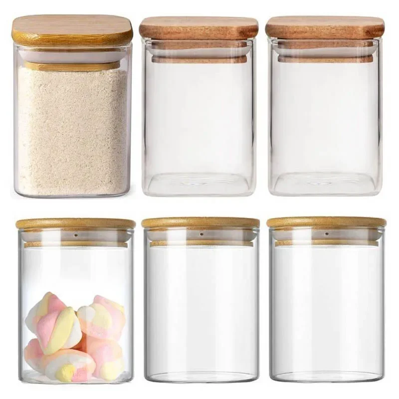 12Pcs Square/Round Glass Jar With Bamboo Cover Clear Sealed Jars Storage Bottle For Seasoning Cereals Candy Kitchen Supplies