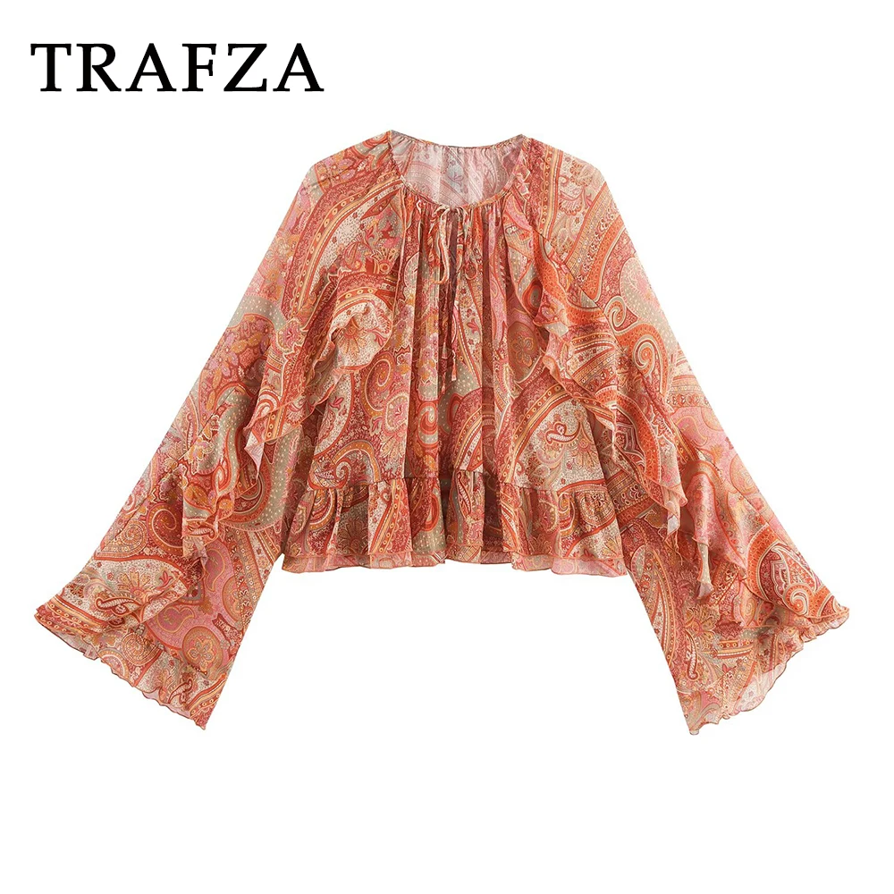 

TRAFZA Chic Print Holiday Woman Blouse Casual Fashion 2025 Lace-up Tierred V-Neck Loose Flare Sleeve Mujer Elegant Flower Shirts