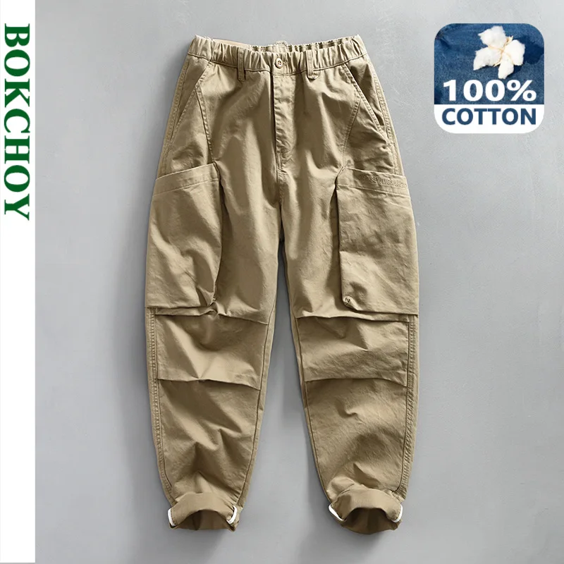 Primavera nuevo 100% pantalones Cargo informales de algodón para hombres Color sólido Bolsillo grande pantalones de cintura elástica ropa de calle hombres ATZ655