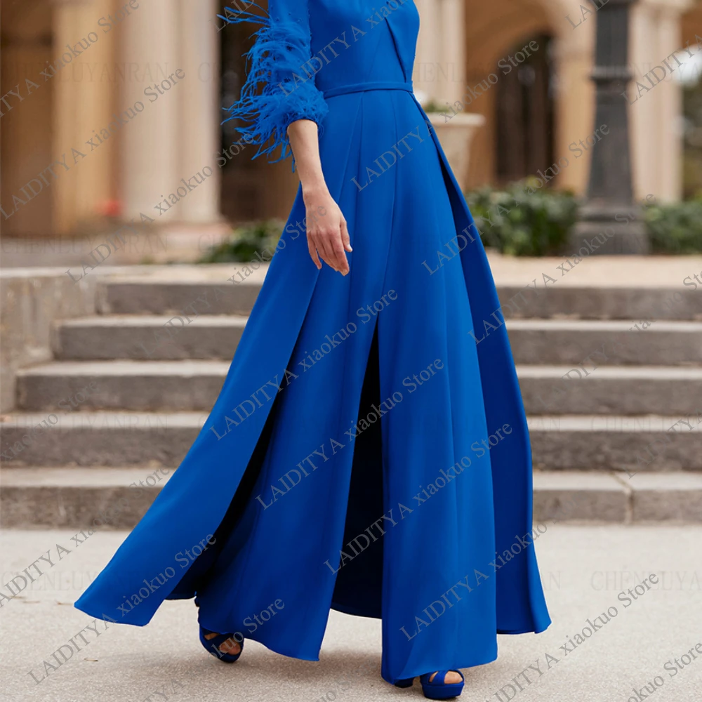 STEVDITG Elengant Jumpsuit Women Formal Dress Mother Dresses 2024 Long Wedding Guest Gowns Pantsuit Feather Beading Dress