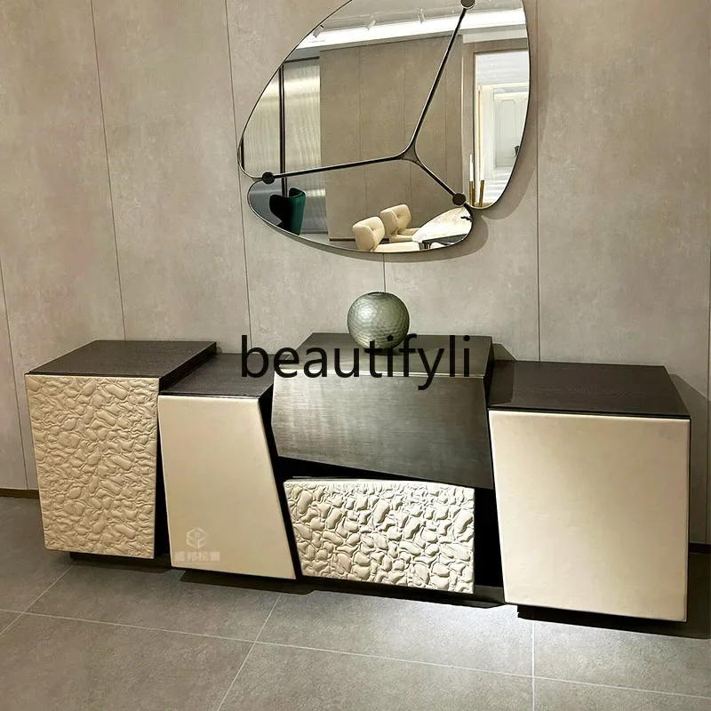 Light luxury dining side cabinet high-end modern simple high-end Italian solid wood metal splicing