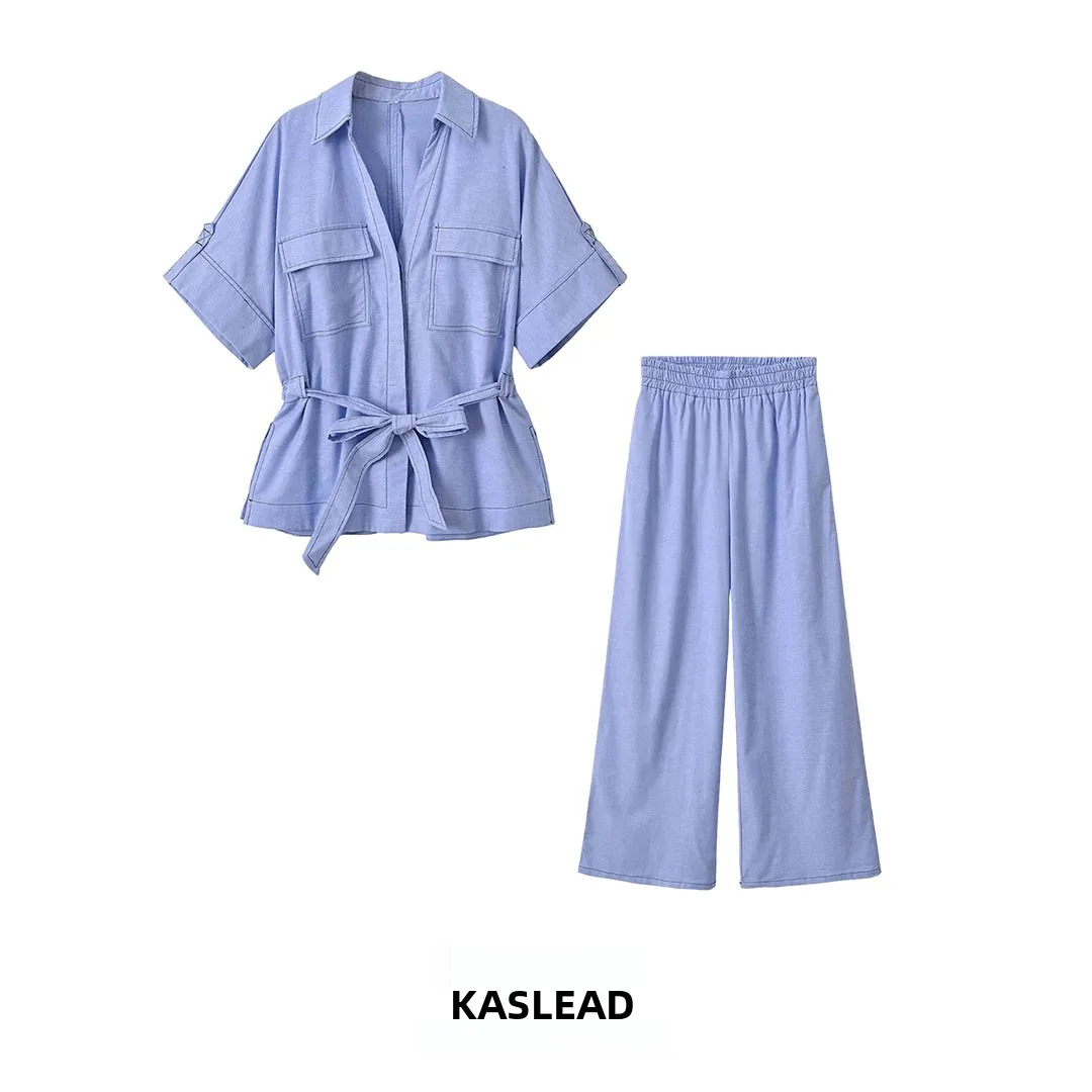KASLEAD New Women's Fashion Versatile High-End Slimming Casual Set Autumn Short Sleeve Long Pants Two-Piece Suit