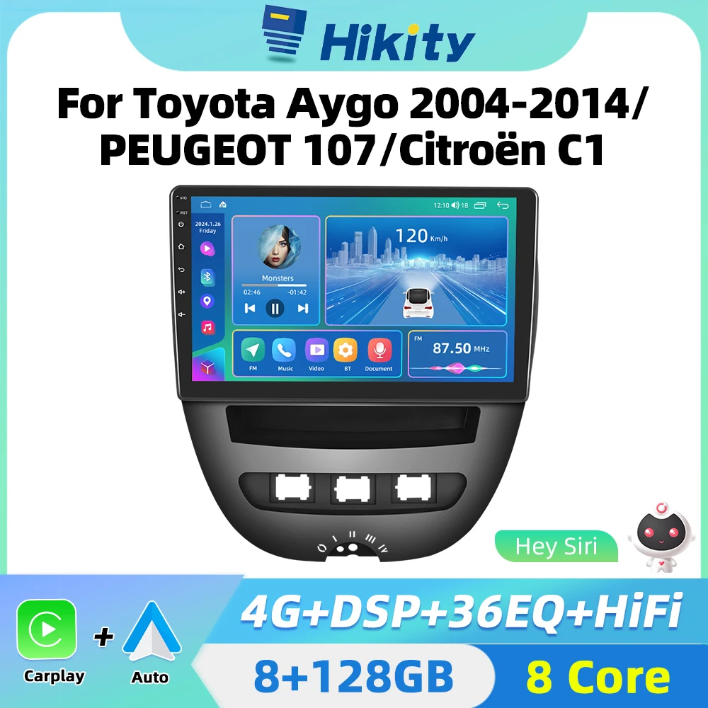 Hikity 8Core Carplay Car Stereo Radio 2 din Android for Toyota Aygo 2004-2014/PEUGEOT 107/Citroën C1 GPS Navigation AI Voice