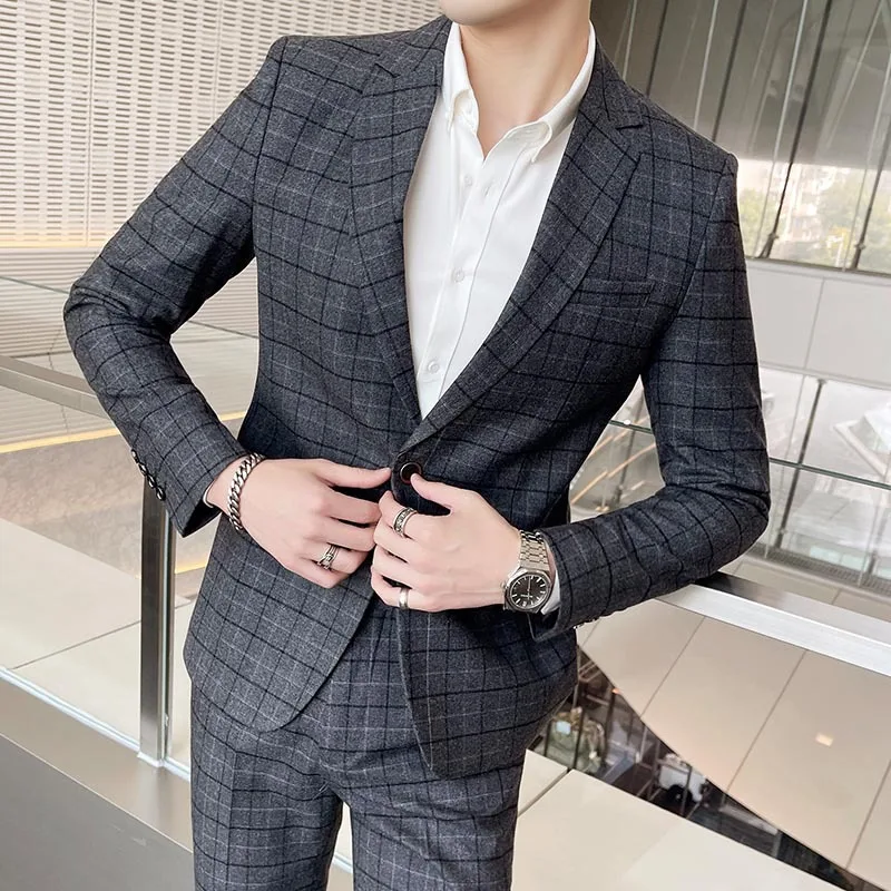 2023 Plaid Suit 3 Piece Korean Version Slim Business Casual Formal Suit Groom Wedding Dress Groomsmen Blazers Jacket Pants Vest