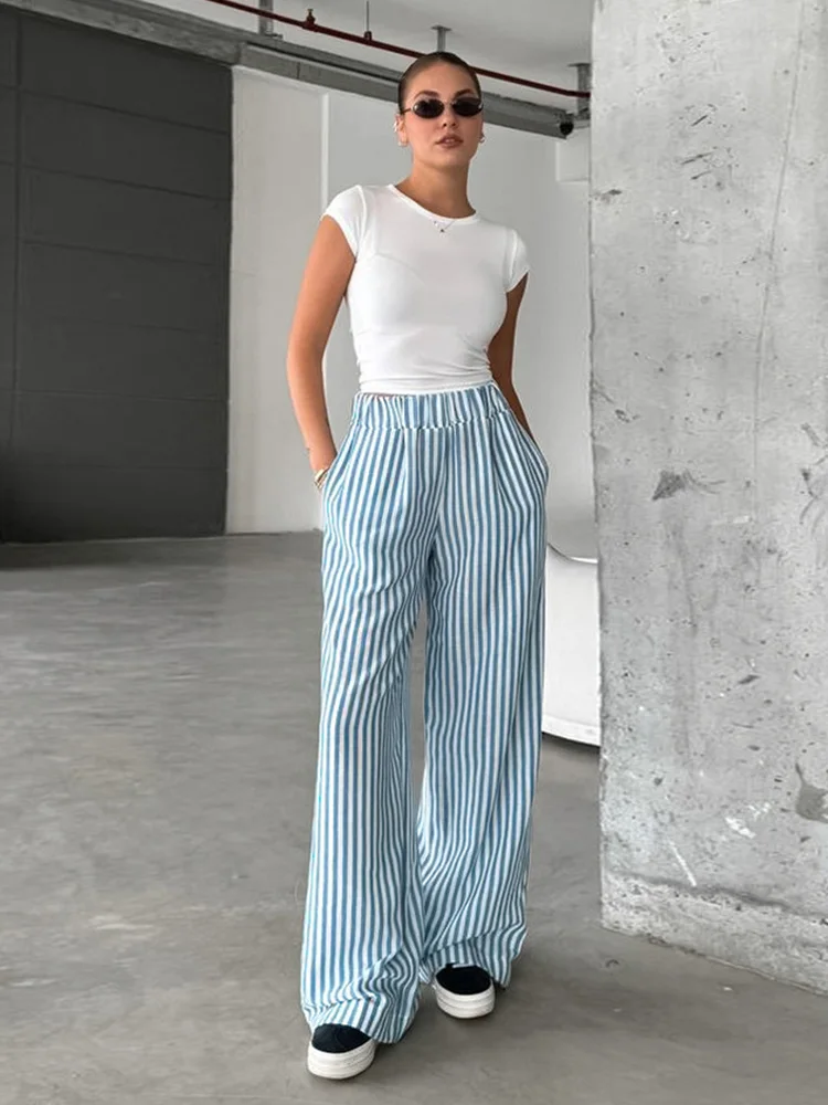 MSCSZ Blue Striped Casual Pants For Women Elastic Waist Wide Pants 2024 New In Stylish Full Length Trousers