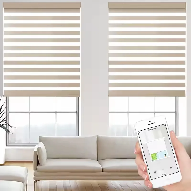 Cheaper Price Best Quality Connect Solar Pannel Alexa Google Tuya Smart Control By Phone Motorized Zebra Blinds For House