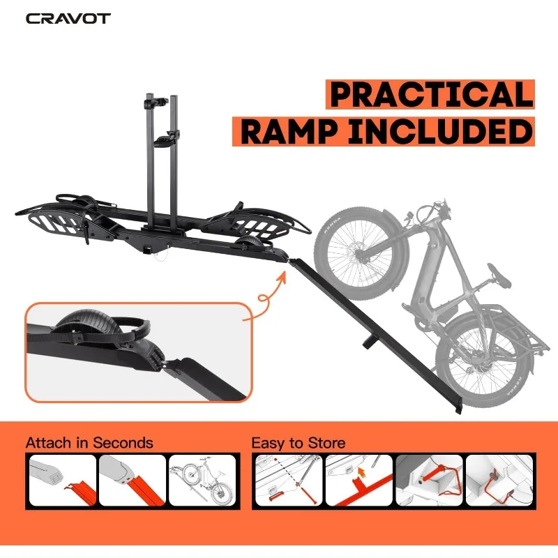 CyberRack E2 Hitch 2 EBike Rack with Ramp, 200 lbs Capacity Electric Bike Carrier Foldable Platform Mount