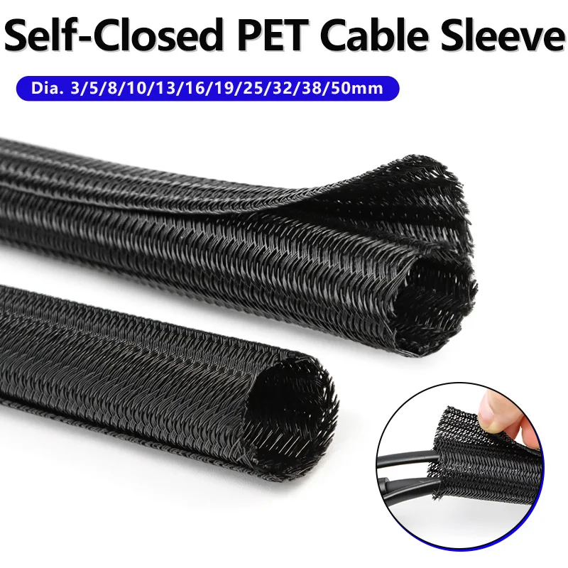 12-30M Black PET Expandable Self Closed Cable Sleeve Diameter 3mm ~ 50mm Split Insulated Heat Resist Split Line Protector Sleeve