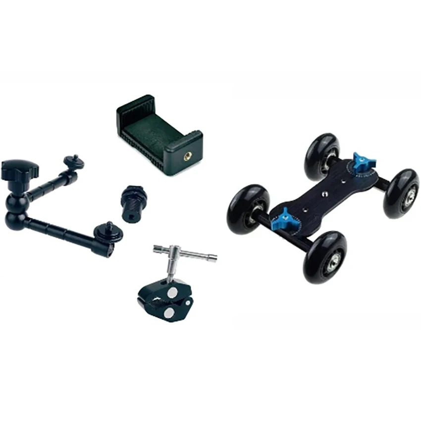 4 عجلة منضدة المحمول المتداول المنزلق دوللي سيارة مع الهاتف الذكي المشبك جبل عدة