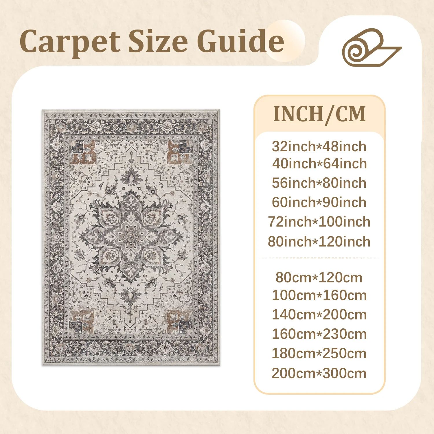 Large Indoor Area Rug, Soft Velvet Low Pile Rug with Non-slip Dotted Backing, Machine Washable Vintage Medallion Neutral Rug for Living Room, Bedroom Floor Decor