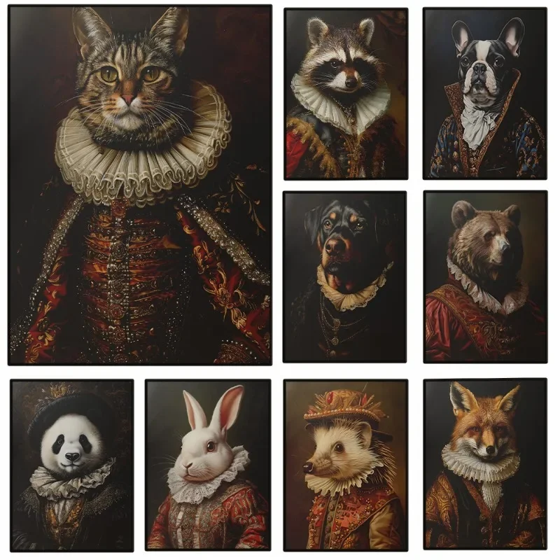 (No frame)Vintage Renaissance Style Animals Portrait Poster Whimsical Goth Fox Dog Cat Racoon Canvas Painting Wall Art for Ro