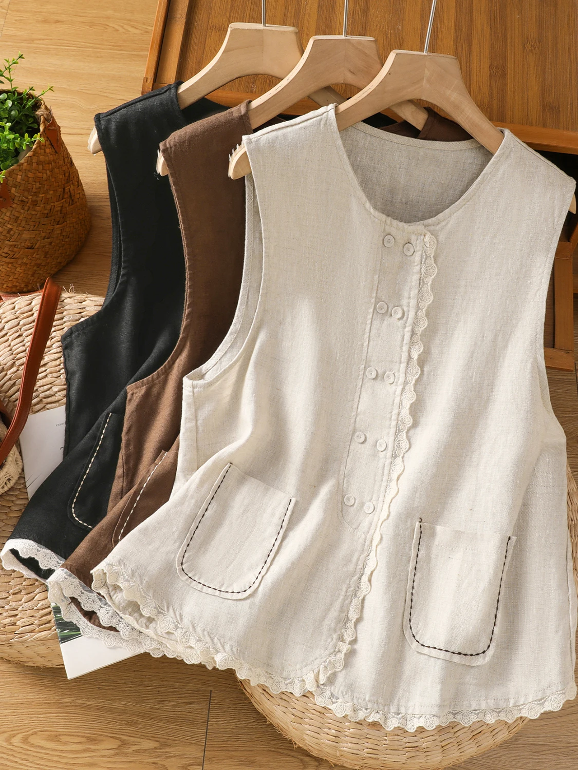 

Artistic Fre Large Size Women's Lace Patchwork Svel Double ket Open Cardigan Outerwear Linen Vest Summer Casual