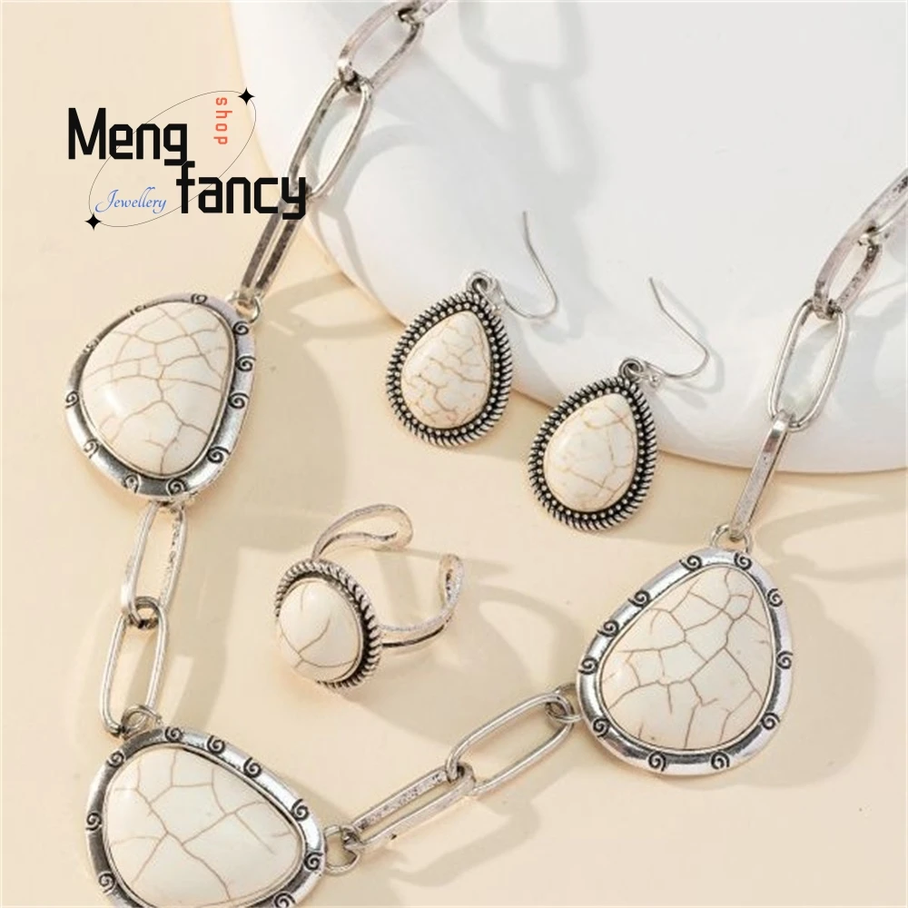 

Bohemian New Retro Irregular-Shaped White Turquoise Necklace, Ring, Earrings, Ethnic Style Earrings Fashion Jewelry Exquisite