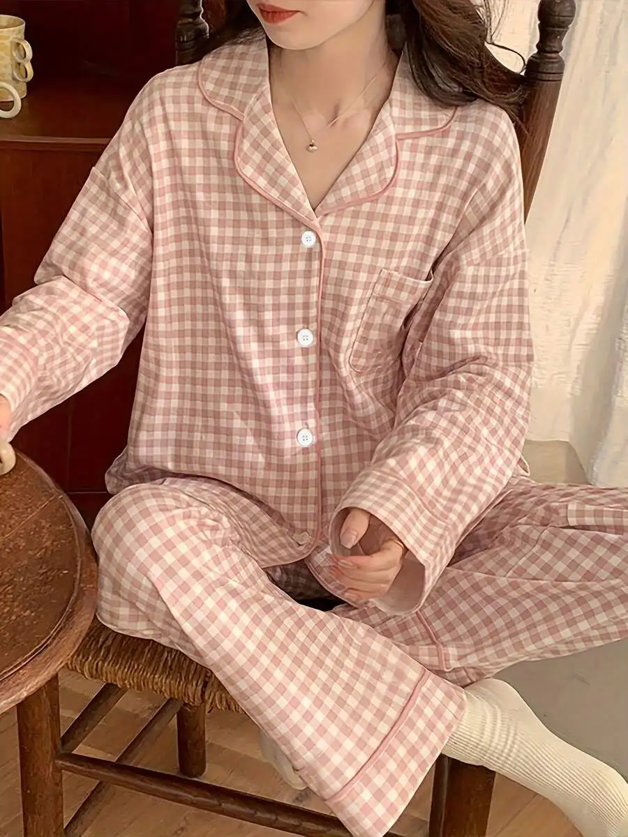 

Women's Pink Checkered Pajama Set with Lapel Collar and Button Front