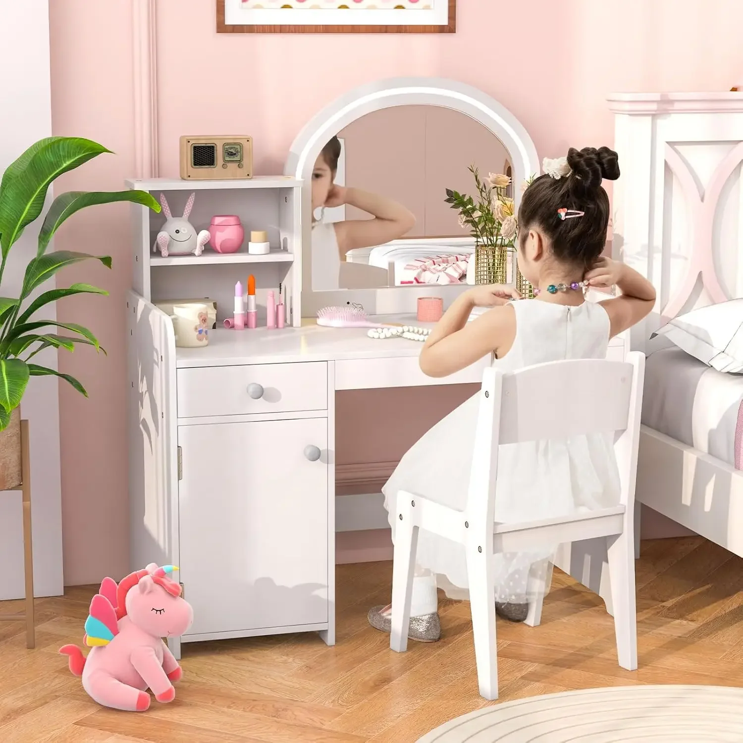 Kids Vanity, Princess Makeup Desk and Chair Set with Lights Mirror Drawer Storage Shelves, Wooden Dressing Table, Pretend