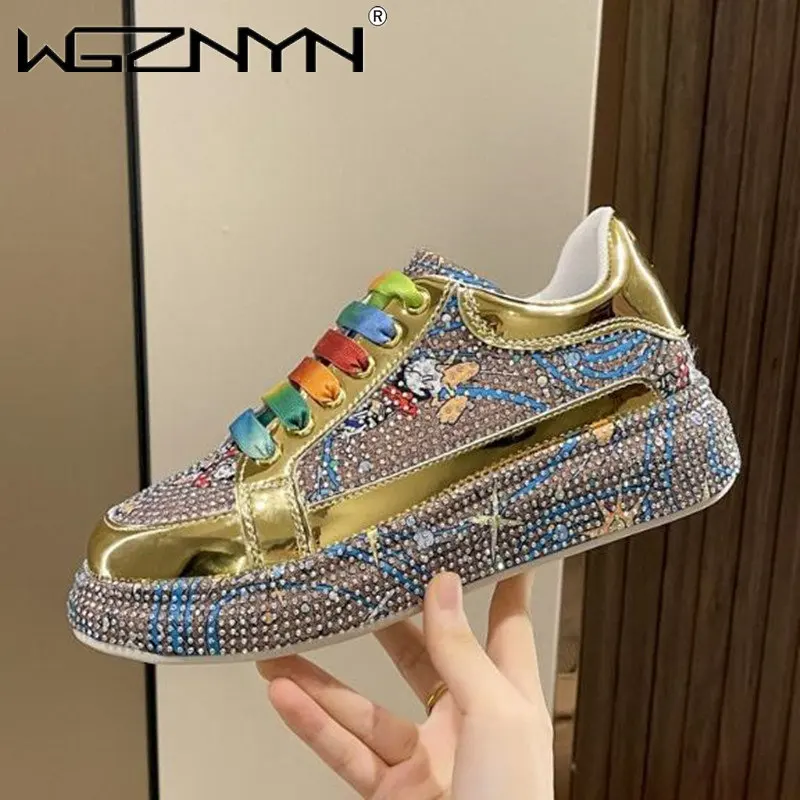 New Spring Women Sneakers Fashion Rhinestones Thick Sole Sports Shoes for Youth School Shoes Crystal Silver Platform Sneakers