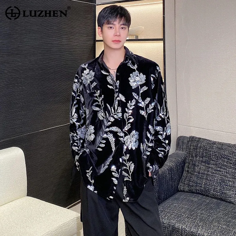

LUZHEN Velvet Sequin Embroidery Design Long Sleeve Shirts Men's Elegant High Quality Loose Casual Tops 2024 Spring Male LZ2947
