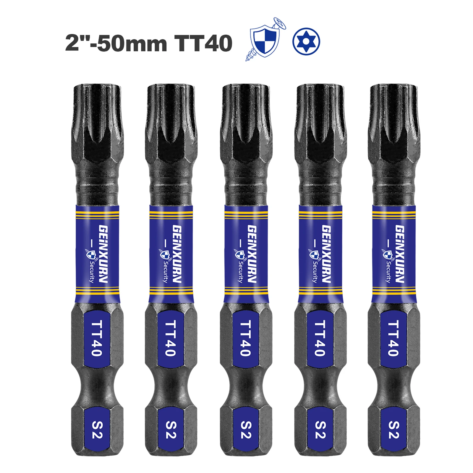 Geinxurn 2 In.Impact Tough Magnetic Power Bit Set,Security Torx Head Power Bits,S2 Alloy Steel Star TT40 Screwdriver Bits Set