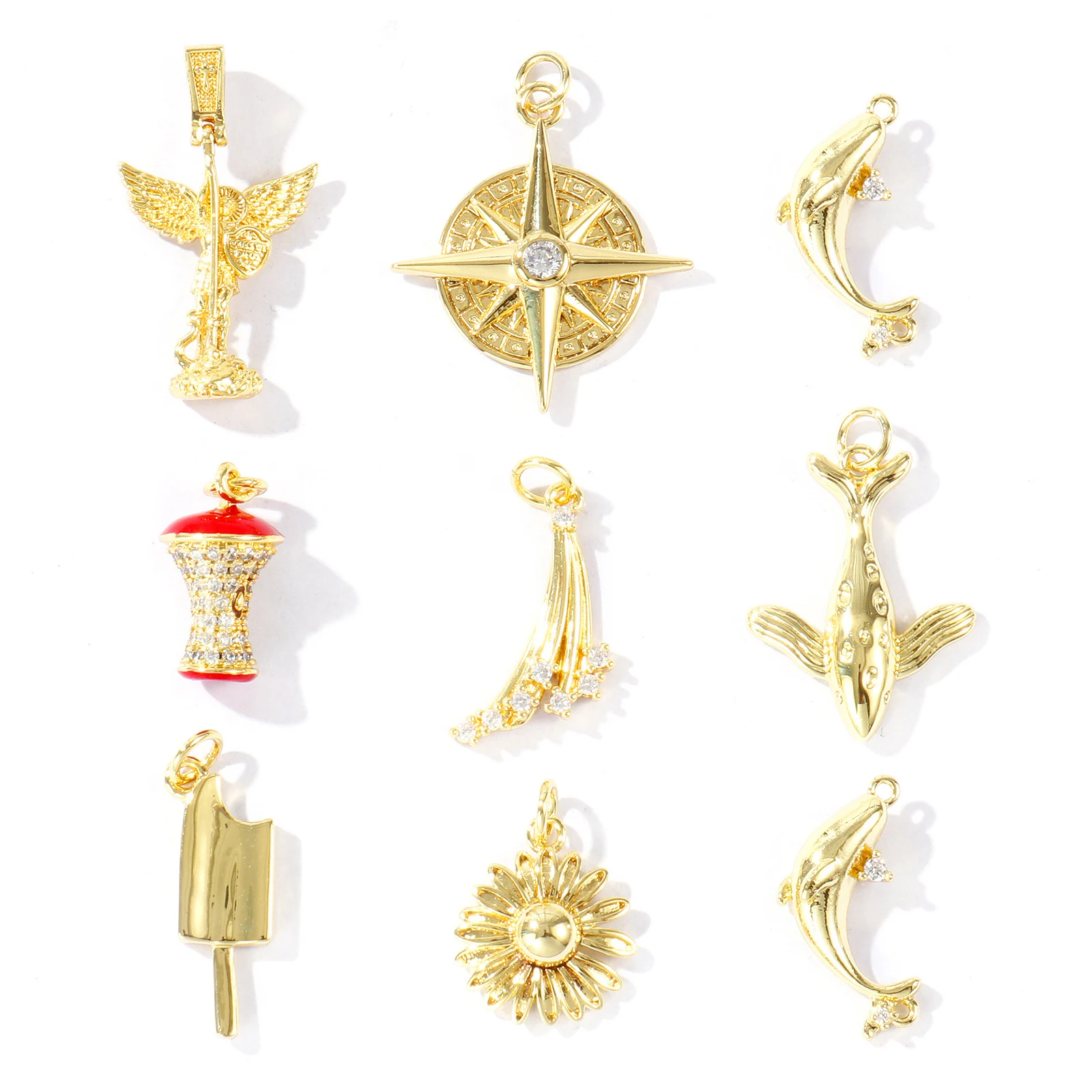 2 Pcs Cubic Zirconia Charms Whale Daisy Apple Meteor 18k Gold Plated Brass Pendants For DIY Necklace Bracelet Jewelry Making