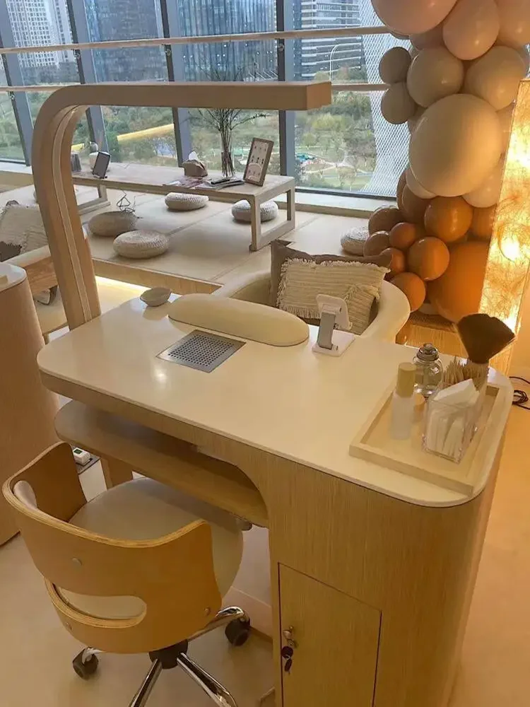 Nail salon solid wood paint Japanese-style simple and economical nail art tables and chairs single double storage vacuum cleaner