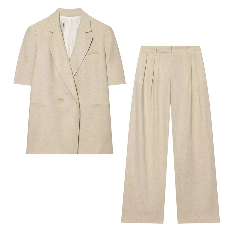 TFMLN 2026 Dames Blazer Pak Elegant Korte Mouw Dubbel Borstgespeld Slim Fit Jassen Rechte Broek Dames Commuter Set - afbeelding 1