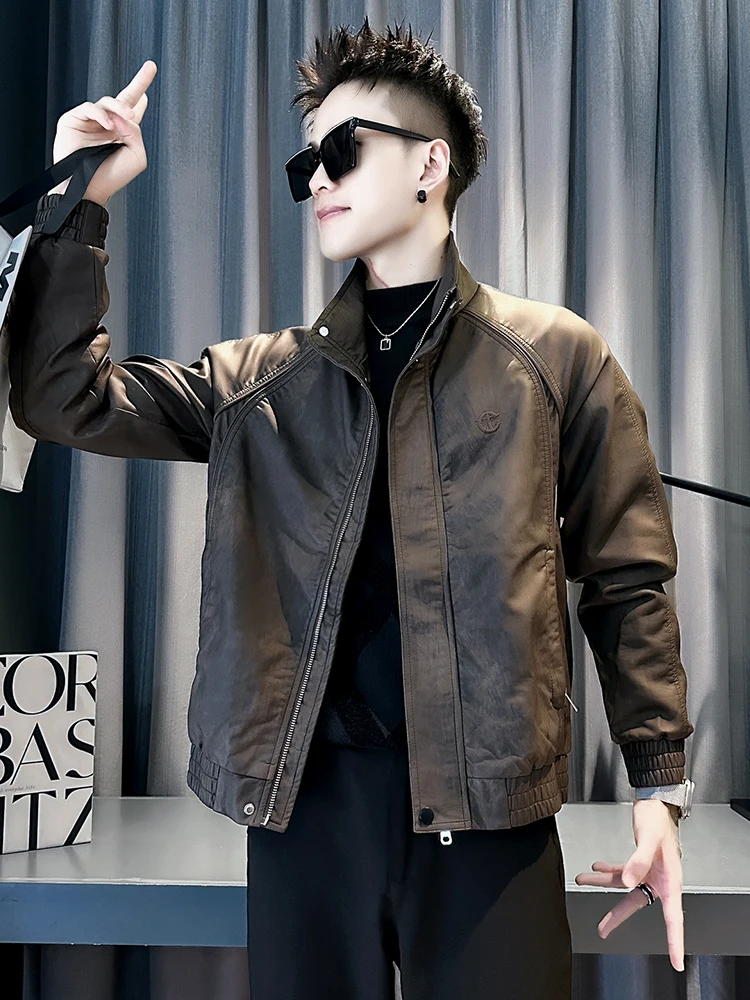 

Sli Retro Leather Jaet Men's Autumn Winter Cycling Cold Resistance Clothing PU Leather Zipper Decorated Long Sve Coat