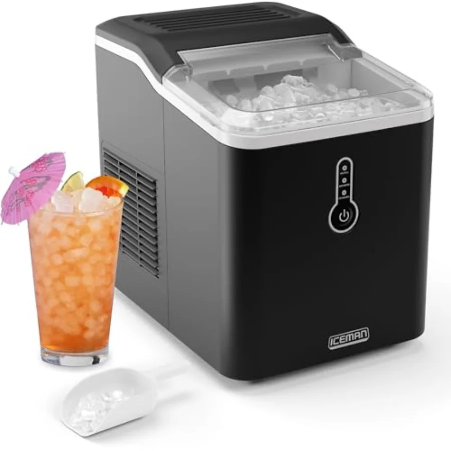 Countertop pebble ice maker for home use, stainless steel body, silver color, makes chewable 26 lb ice in 24 hours with 6-minut