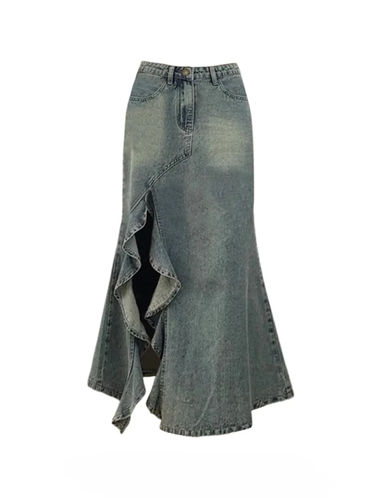 

Women's Washed Distressed Irregular Slit Denim Skirts High Waist Summer Slim A-line Wrapped Hip Fishtail Skirt Female Clothing