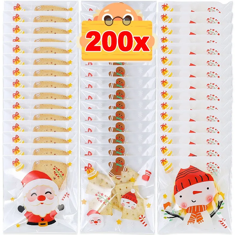 Bolsa de dulces autosellante navideña, bolsas transparentes para galletas, dibujos animados de pan de jengibre, Papá Noel, suministros de decoración para fiesta de Navidad con estampado