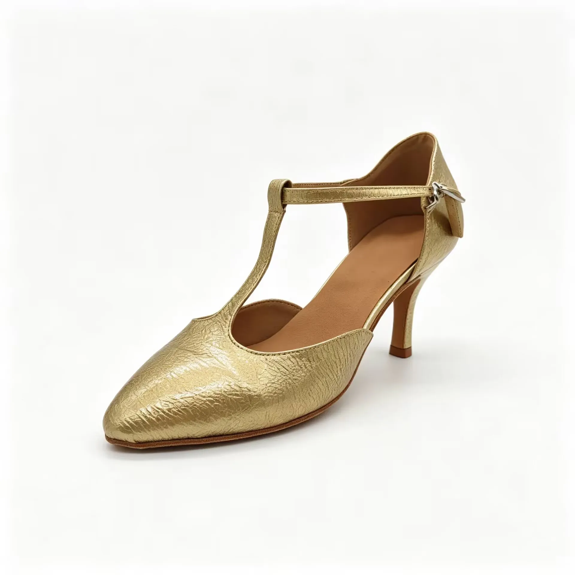 Evk Women's Gold T-Strap Ballroom Dance Shoes Pointed Toe Leather Latin Salsa Tango Modern Shoes Party Dancing Heels Sandals
