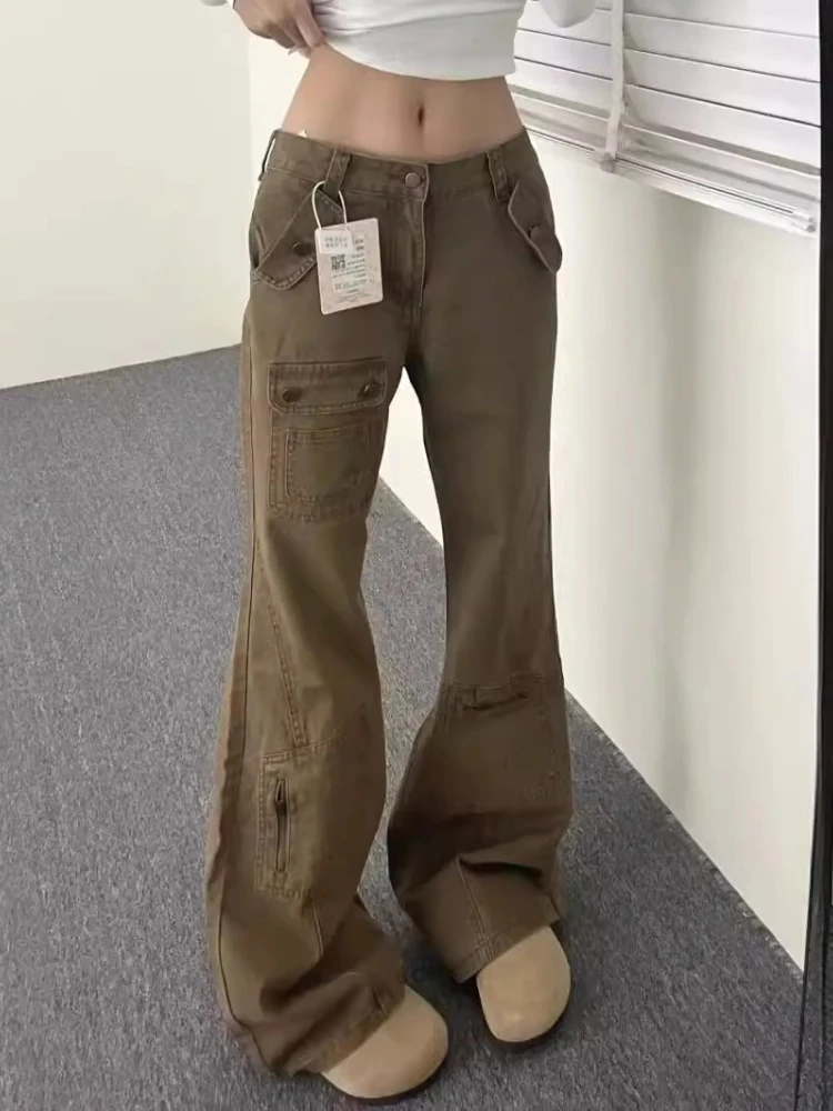 Jeans cargo retrò Jeans lavati kaki con fondo a campana Donna Estate American Streetwear Pantaloni elasticizzati slim larghi Jeans denim versatili