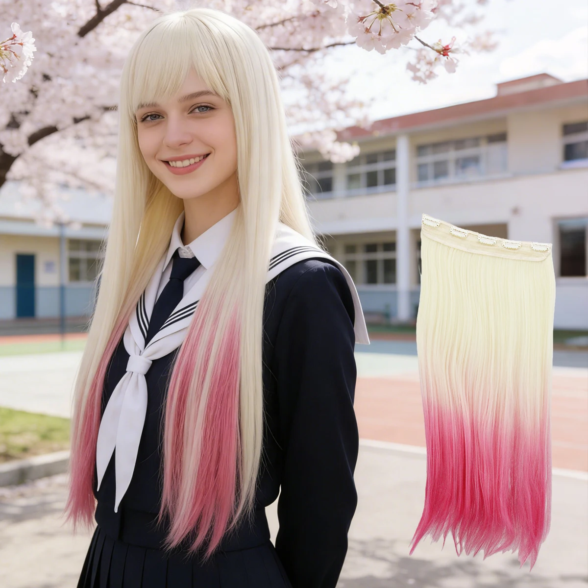 Light Golden to Rose Red and Navy ,Long Straight with Air Bangs,Sweet&Energetic Style for Daily Use,Synthetic Wigs.