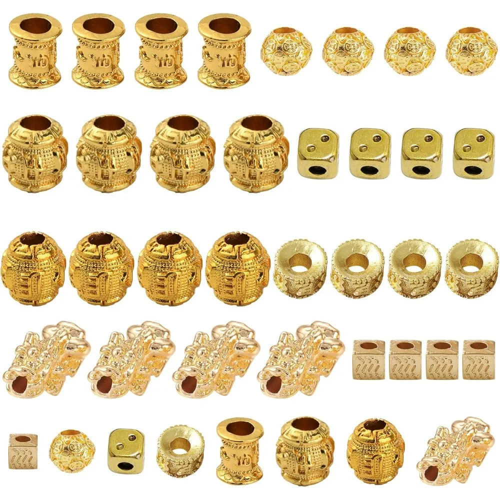 1 Box 40Pcs 8 Styles Pixiu Beads Gold Plated Feng Shui Charms Alloy Barrel Column Pi Yao Pixie Good Luck Wealth