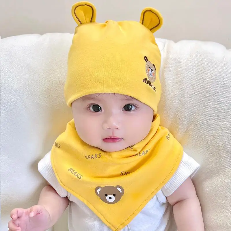 2pcs/set Eslatic headscarf double layer cotton baby caps&hats with baby bibs set for newborn infant Candy Color