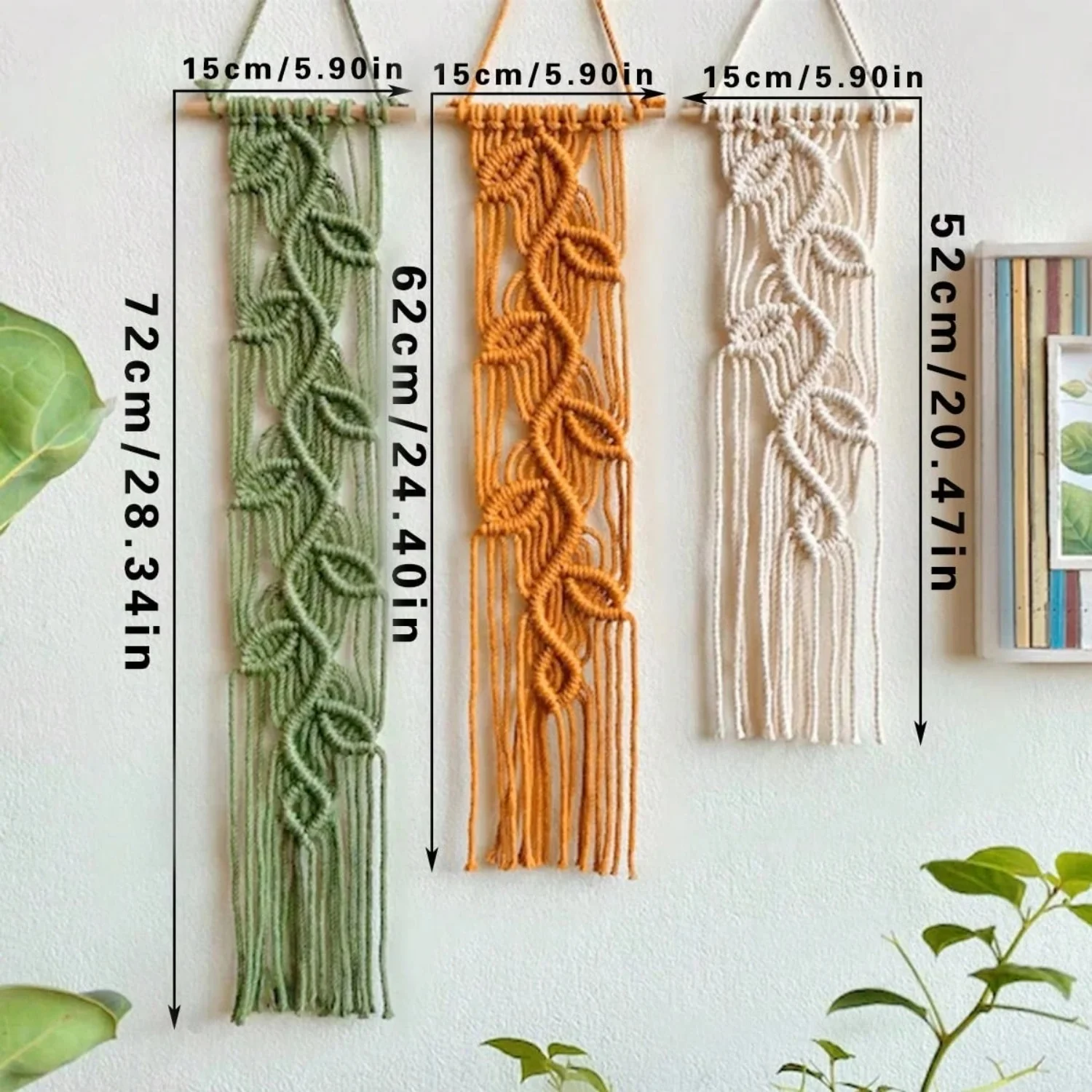 Handmade Macrame Leaf Tapestry, Green Orange White Woven Wall Hanging, Boho Tassel Wall Art for Bedroom Living Room Home Decor