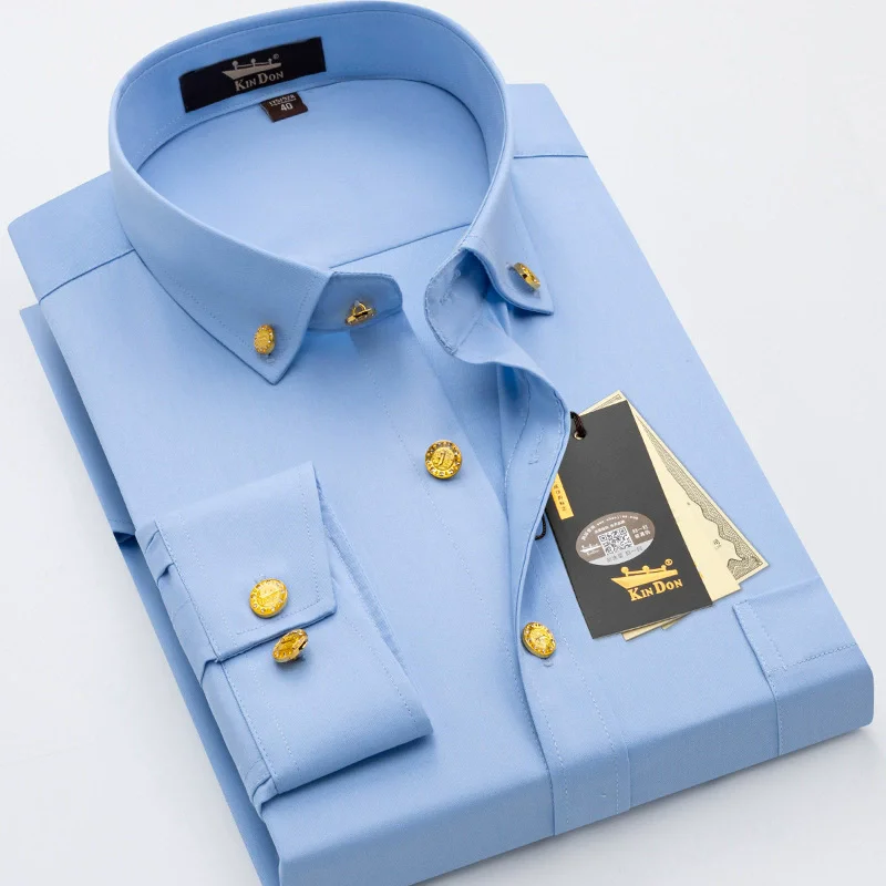 2026 Men\'s Diamond Button Long-sleeved Shirt Male Business Casual Slim Copper Button Dress Shirt Top Quality Groom Wedding Shirt