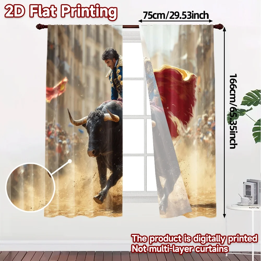 2pcs, 2D FLAT PRINTING Curtains (Without Rod) Matador Charge Fashionable Modern Curtains Yarn Curtains Holiday Ldeal for digital
