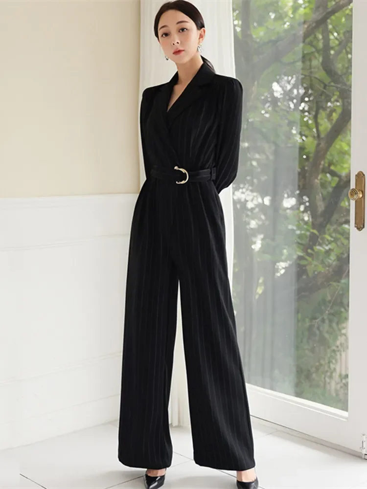 Autumn Elegant Business Stripes Jumpsuits Women V-neck Lace-up Wide Leg Profession Playsuit Casual Office High Waist Rompers