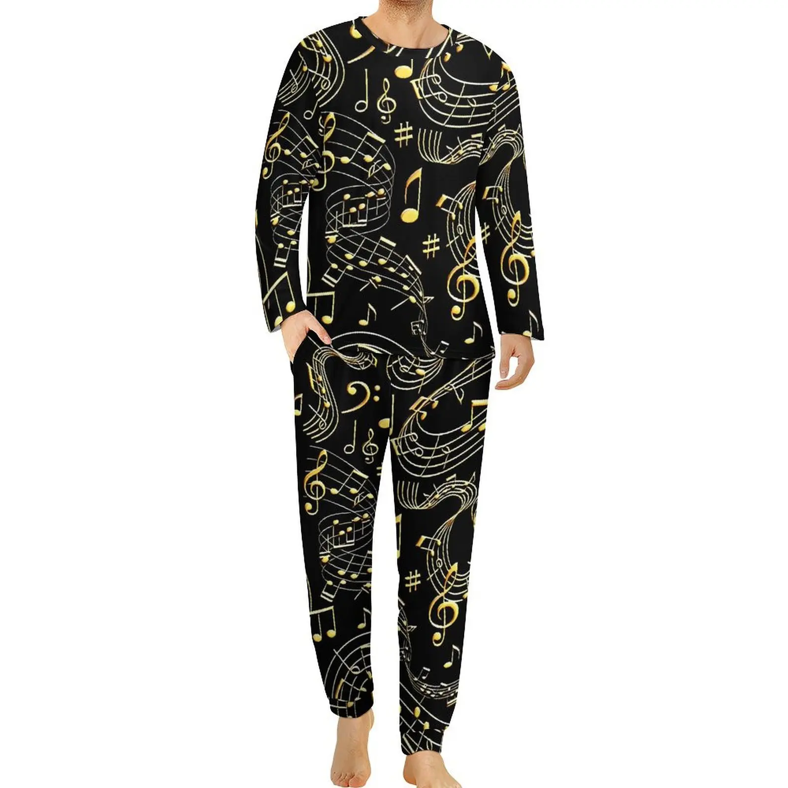 Gold Music Note Print Pajamas Long-Sleeve  Two Piece Casual Pajamas Set Autumn Male Custom Retro Oversized Sleepwear