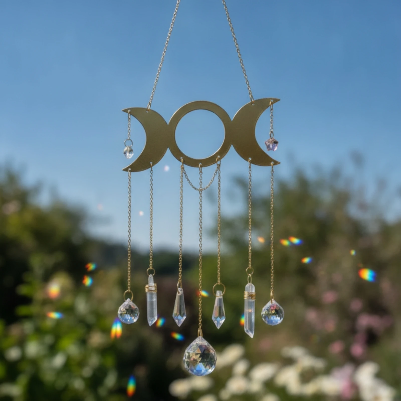 Moon Phase Ornament with Crystals Gold-Toned Moon Suncatcher with Crystals Crystal Hanging Ornament Faceted Sun Catcher