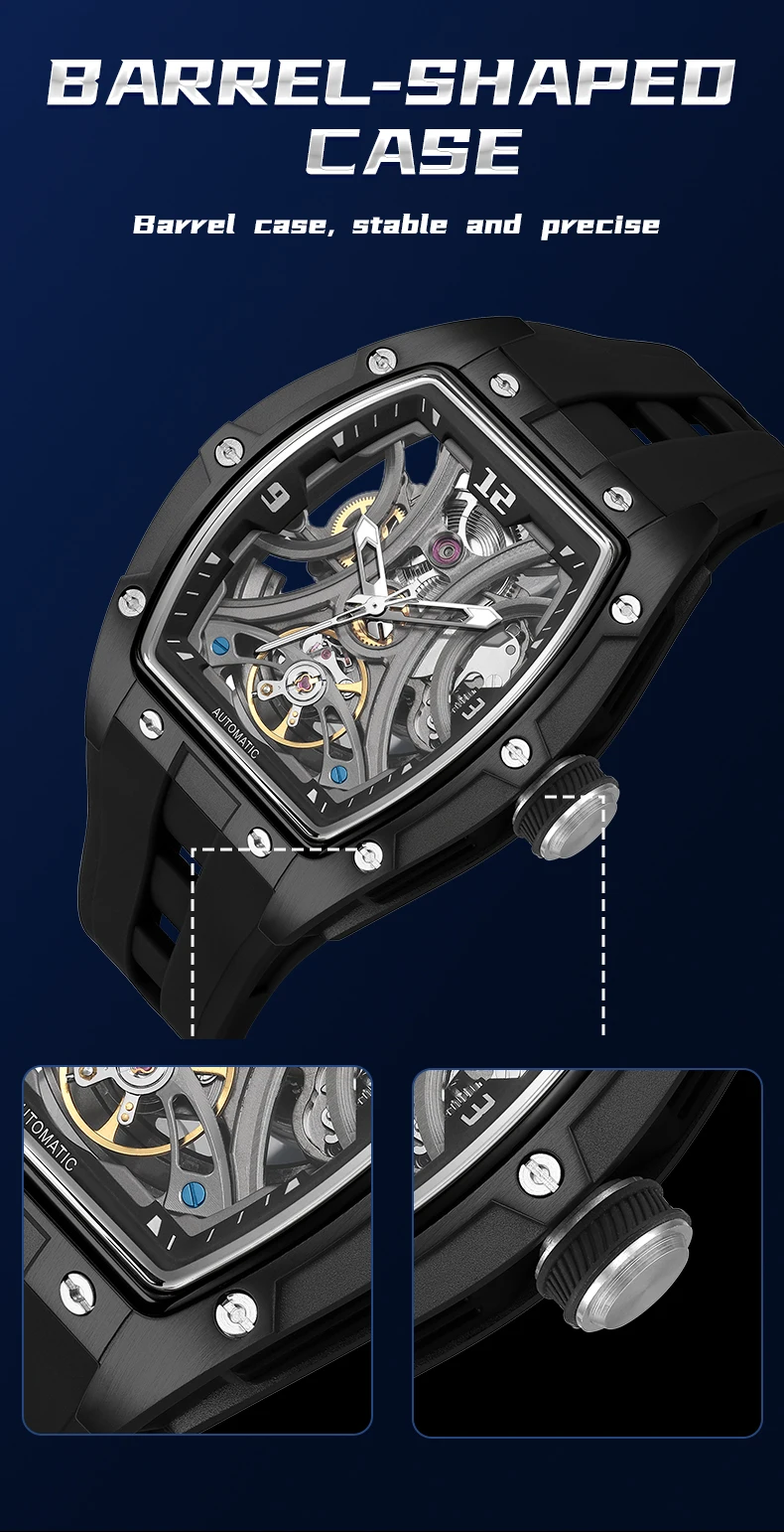 MEGIR Sport-Stil, automatische mechanische Uhr für Herren, voll hohl, transparentes Zifferblatt-Design, Edelstahlgehäuse, Silikonarmband – Detail 20